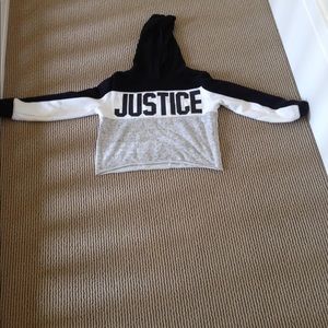 White, black, and gray justice cropped sweatshirt